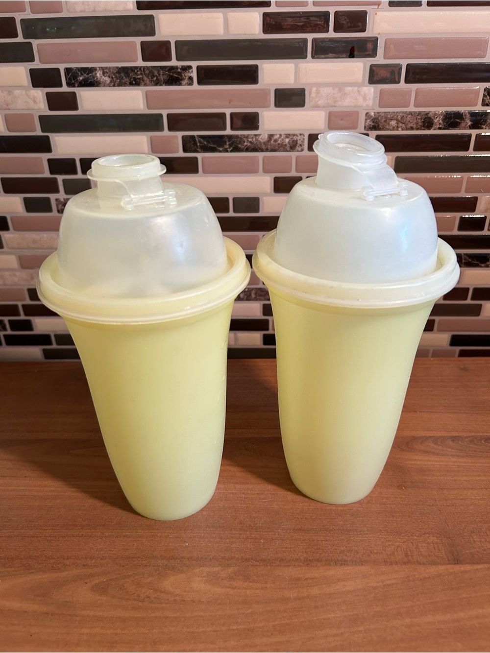 Vintage Tupperware Yellow Plastic Shaker Cup with Lid - Set of 2